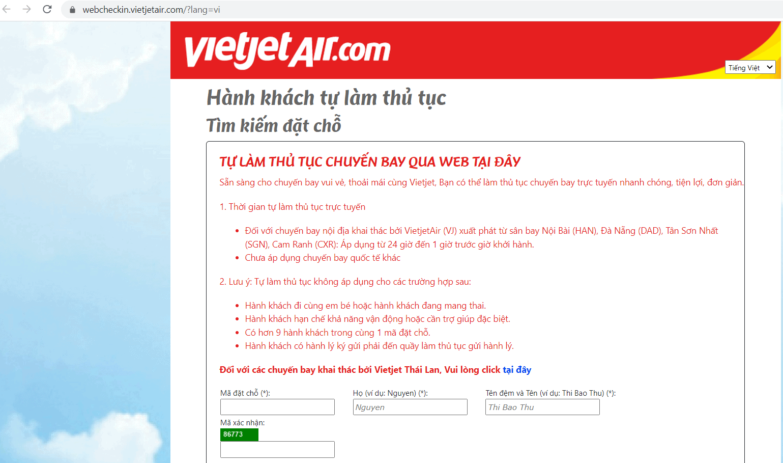 Check in online Vietjet Air - Điền thông tin