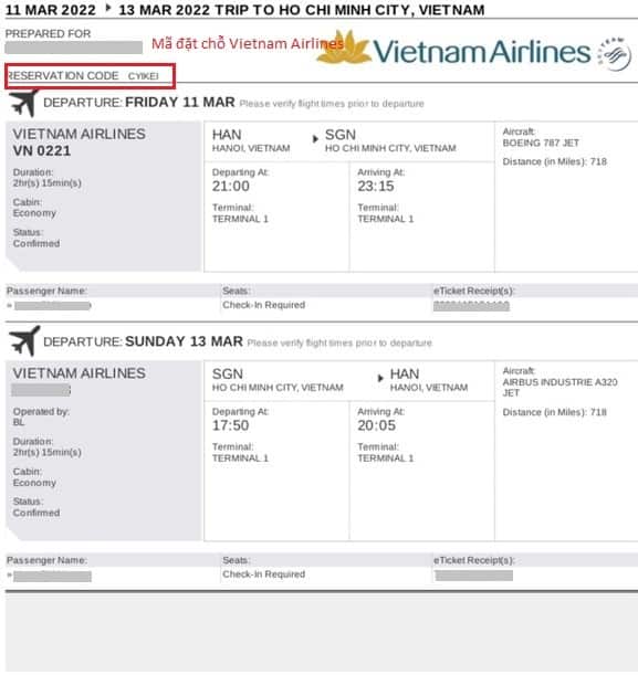 Kiểm tra mã đặt chỗ cho vé máy bay Vietnam Airlines