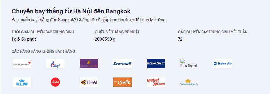 Thông  tin chuyến bay thẳng từ Hà Nội đến Bangkok