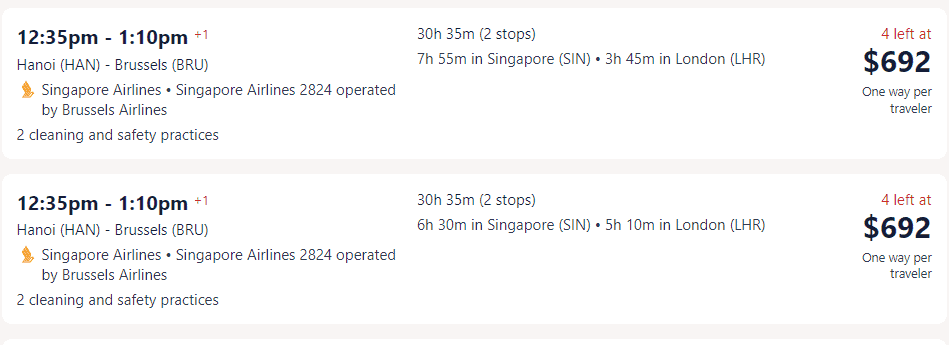 Giá vé máy bay hãng Singapore Airlines đi Bỉ từ Hà Nội