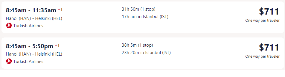 Giá vé máy bay của Turkish Airlines đi Phần Lan - Helsinki từ Hà Nội