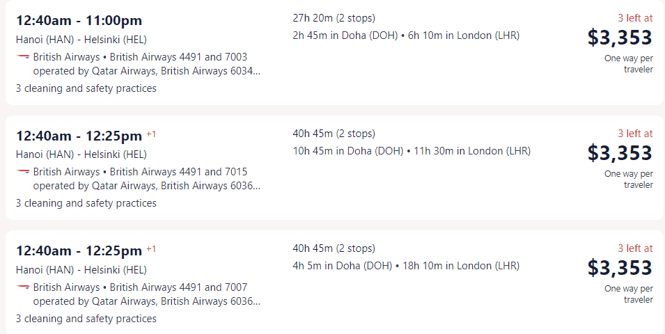 Giá vé máy bay hãng British Airways đi Phần Lan từ Hà Nội