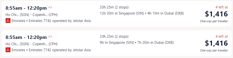 Giá vé máy bay hãng Emirates đi Đan Mạch từ Hồ Chí Minh