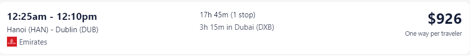 Giá vé máy bay hãng Emirates đi Ireland từ Hà Nội