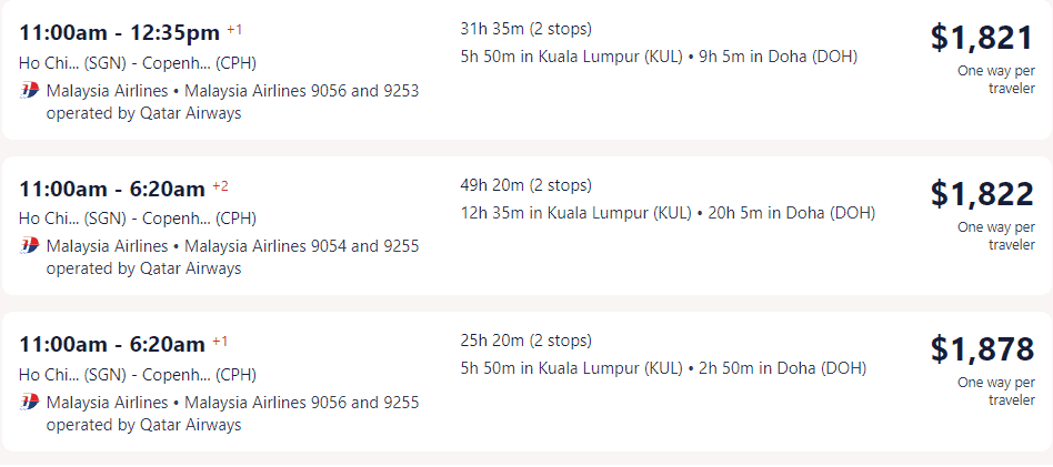 Giá vé máy bay hãng Malaysia đi Đan Mạch từ Hồ Chí Minh