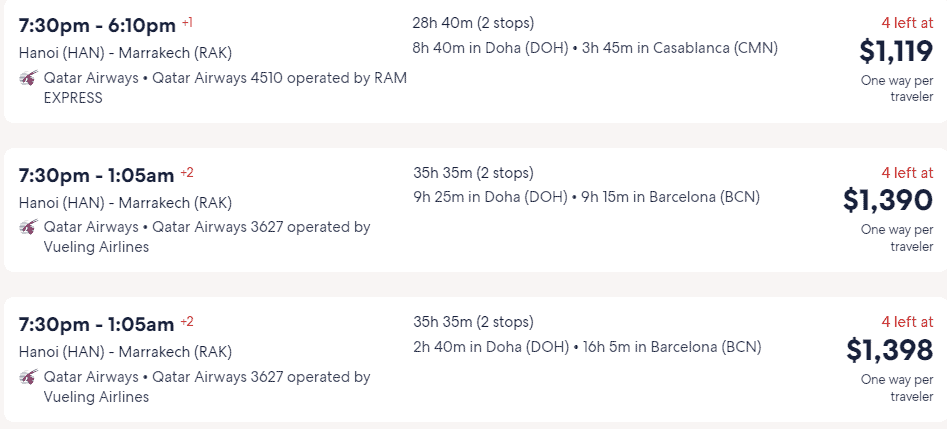 Giá vé máy bay hãng Qatar Airways đi Morocco - Marrakech từ Hà Nội