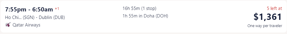 Giá vé máy bay hãng Qatar Airways đi Ireland từ Hồ Chí Minh