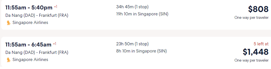 Giá vé máy bay hãng Singapore Airlines đi Frankfurt từ Đà Nẵng