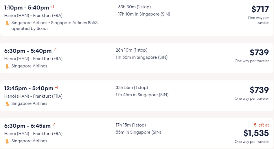 Giá vé máy bay hãng Singapore Airlines đi Frankfurt từ Hà Nội 