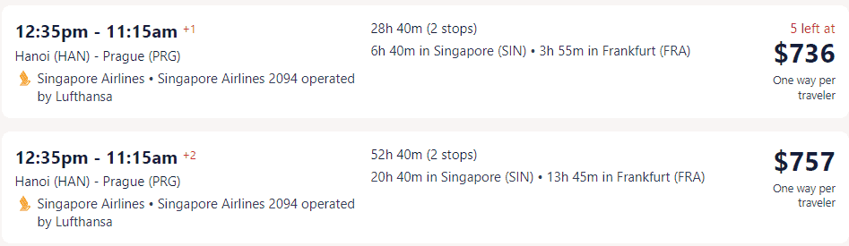 Giá vé máy bay hãng Singapore Airlines đi Cộng hòa Séc từ Hà Nội 