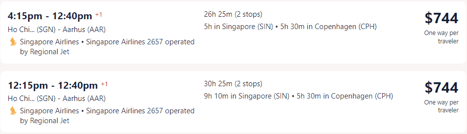 Giá vé máy bay hãng Singapore Airlines đi Đan Mạch - Aarhus từ Hồ Chí Minh