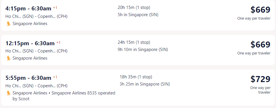 Giá vé máy bay hãng Singapore Airlines đi Đan Mạch - Copenhagen từ Hồ Chí Minh