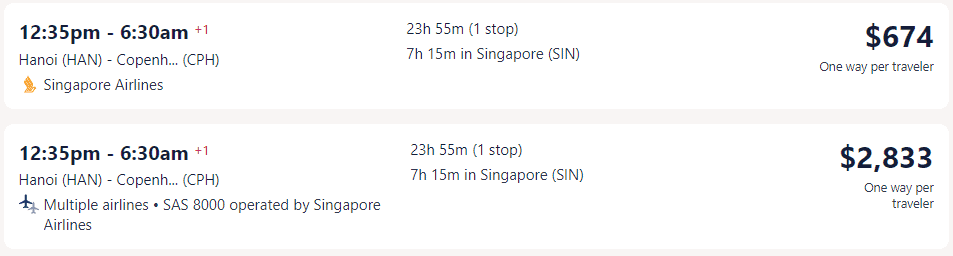 Giá vé máy bay hãng Singapore Airlines đi Đan Mạch từ Hà Nội
