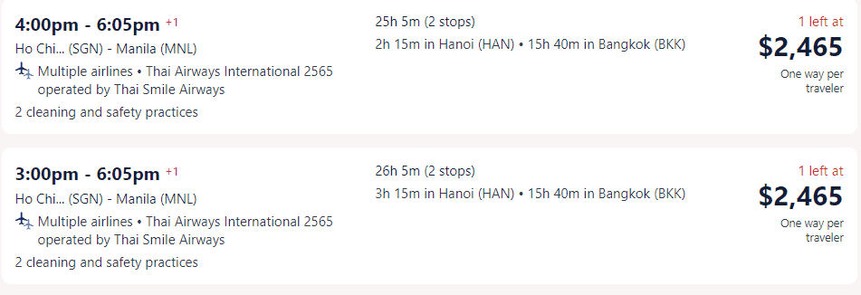 Giá vé máy bay hãng Thai Airways International đi Philippines từ Hồ Chí Minh