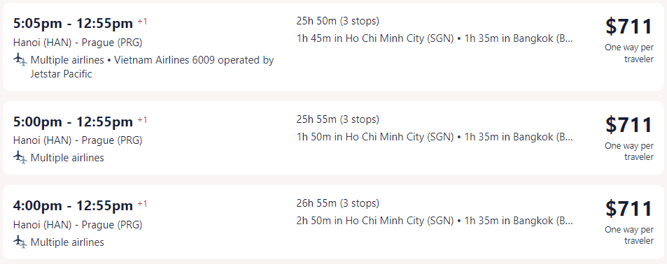 Giá vé máy bay của hãng Vietnam Airlines đi Cộng hòa Séc từ Hà Nội