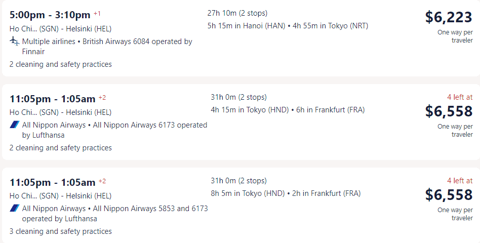 Giá vé máy bay hãng All Nippon Airways đi Phần Lan từ Hồ Chí Minh