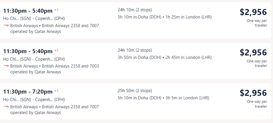 Giá vé máy bay hãng British đi Đan Mạch từ Hồ Chí Minh