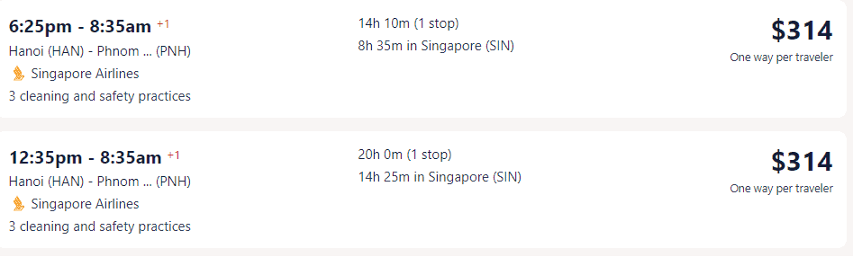 Giá vé máy bay của Singapore Airlines đi Campuchia từ Hà Nội