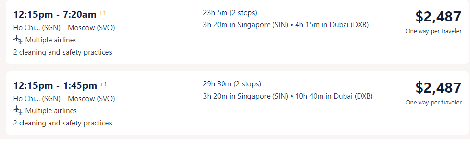 Giá vé máy bay của Singapore Airlines đi Moscow từ TP. Hồ Chí Minh