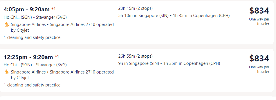 Hãng hàng không Singapore Airlines - Giá vé máy bay đi Na Uy - Stavanger từ Hà Nội