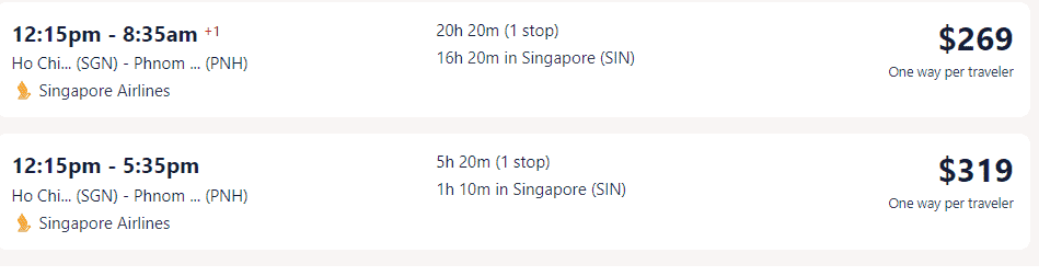 Giá vé máy bay của Singapore Airlines đi Campuchia từ Hồ Chí Minh