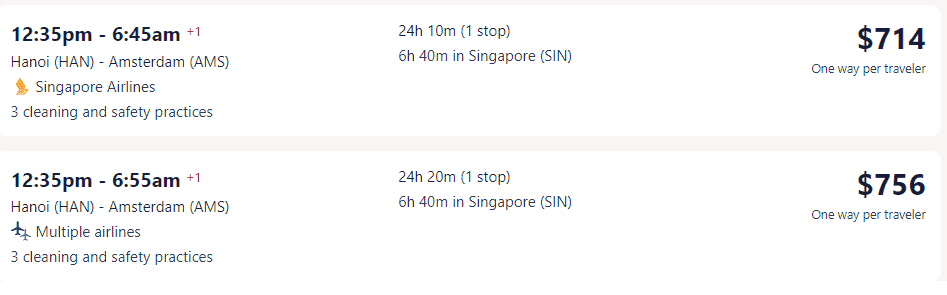 Giá vé máy bay hãng Singapore Airlines đi Hà Lan từ Hà Nội