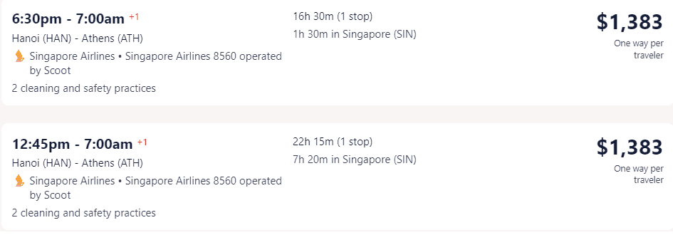 Giá vé máy bay hãng Singapore Airlines đi Hy Lạp từ Hà Nội 