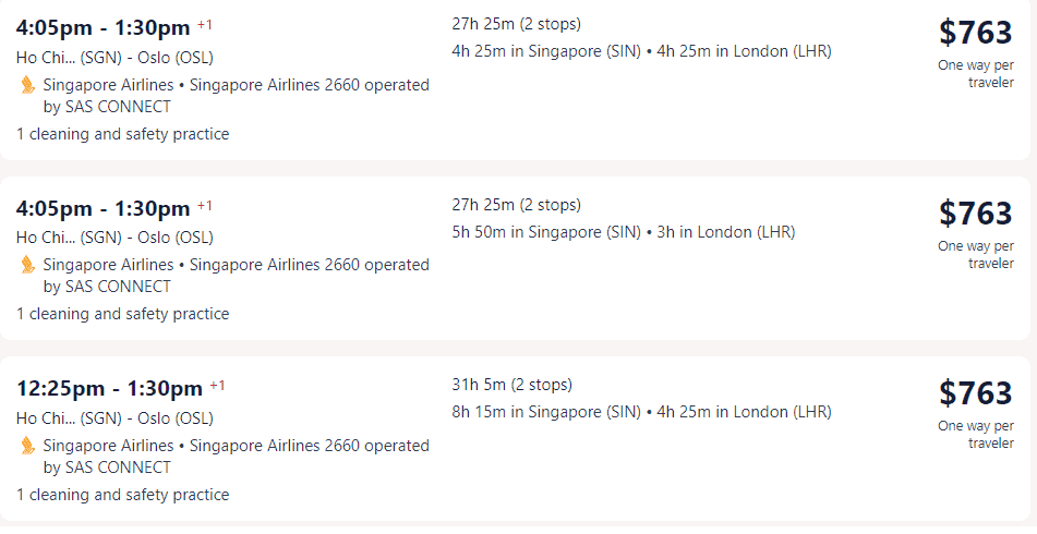 Hãng hàng không Singapore Airlines - Giá vé máy bay đi Na Uy - Oslo từ Hồ Chí Minh