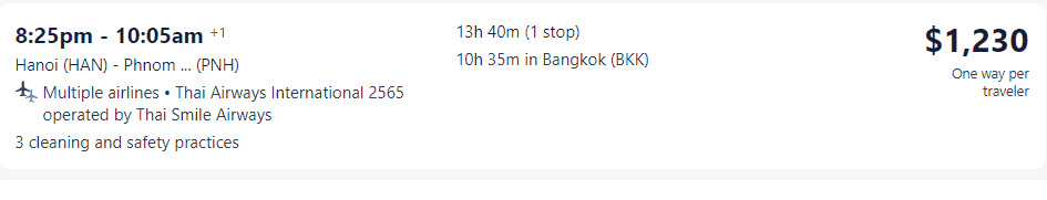 Giá vé máy bay hãng Thai Airways International đi Campuchia từ Hà Nội