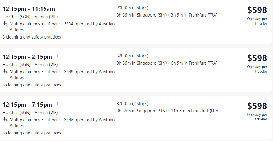 Giá vé máy bay của Lufthansa đi Áo từ Hồ Chí Minh