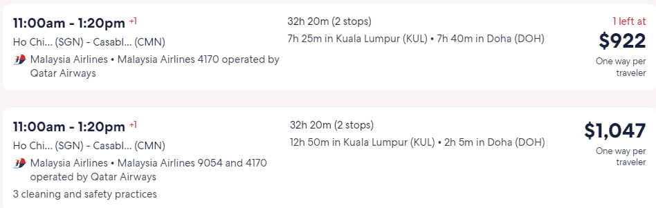 Giá vé máy bay của Malaysia Airlines đi Morocco từ Hồ Chí Minh