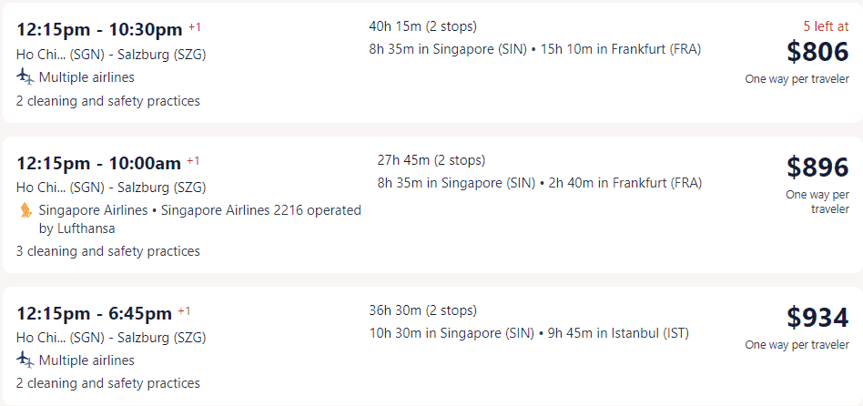 Giá vé máy bay hãng Singapore Airlines đi Áo - Salzburg từ Hồ Chí Minh