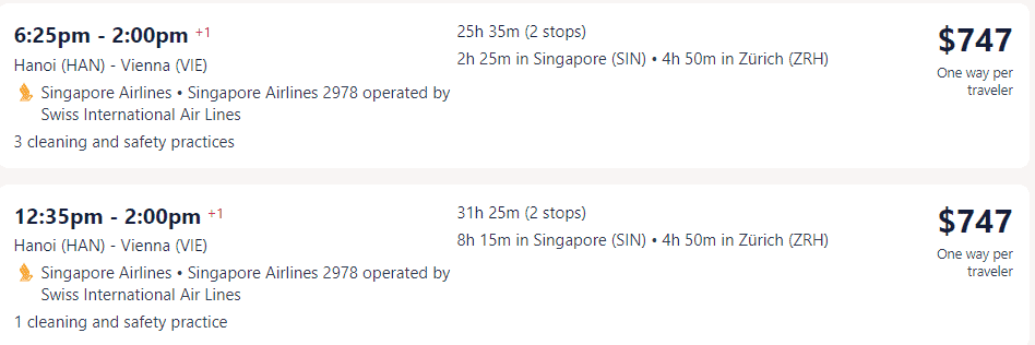Giá vé máy bay hãng Singapore Airlines đi Áo từ Hà Nội
