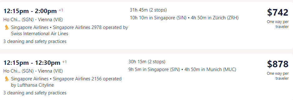 Giá vé máy bay hãng Singapore Airlines đi Áo - Vienna từ Hồ Chí Minh