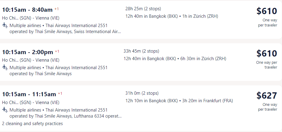 Giá vé máy bay hãng Thai Airways International đi Áo - Vienna từ Hồ Chí Minh