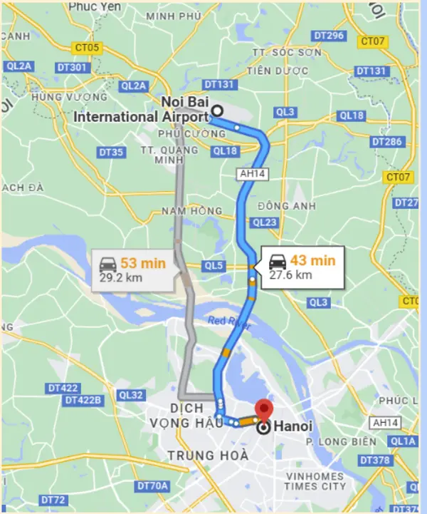 The map from Noi Bai International Airport to Hanoi city center